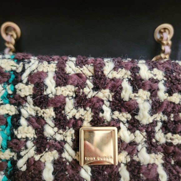 Tory Burch Fleming Tweed Convertible Shoulder Bag Brown Butter Yellow Designer - Picture 11 of 14